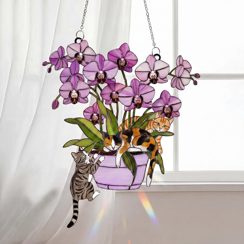 Custom Orchid Cat Suncatcher, Personalized Stained Acrylic Window Hanging, Cute Cats with Purple Flowers, Cat Lover Gift, Home Decor Art