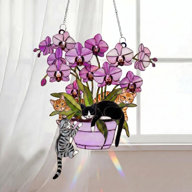Custom Orchid Cat Suncatcher, Personalized Stained Acrylic Window Hanging, Cute Cats with Purple Flowers, Cat Lover Gift, Home Decor Art