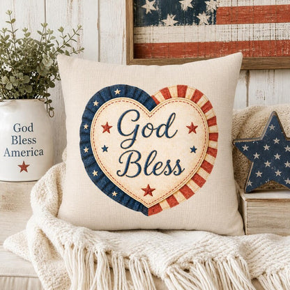 God Bless Pillow Cover, Christian Patriotic Decor, Faith Americana Throw Pillowcase,  Farmhouse Fourth of July Rustic USA Home Cushion Case