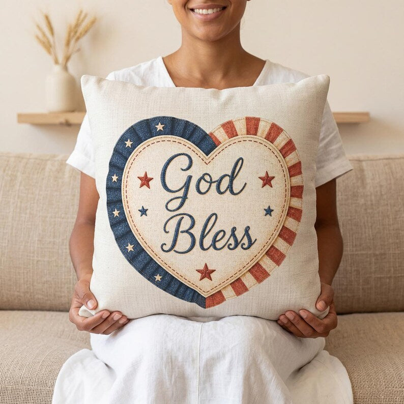 God Bless Pillow Cover, Christian Patriotic Decor, Faith Americana Throw Pillowcase,  Farmhouse Fourth of July Rustic USA Home Cushion Case