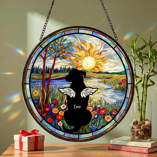 Personalized Dog Memorial Stained Glass Suncatcher, Custom Pet Loss Sympathy Gift, Rainbow Bridge Window Hanging, Dog Remembrance Decor