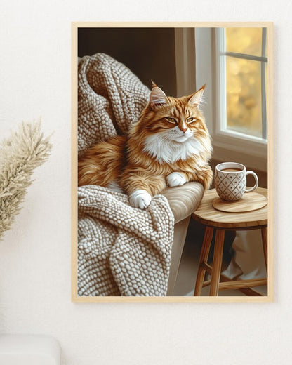 Cozy Orange Cat Wall Art, Hygge Home Decor Print, Warm Minimalist Living Room Poster