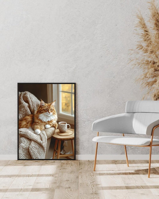 Cozy Orange Cat Wall Art, Hygge Home Decor Print, Warm Minimalist Living Room Poster