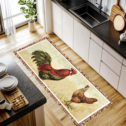 Vintage Rooster Runner Rug: Farmhouse Chicken Kitchen Carpet, Non-Slip Machine-Washable