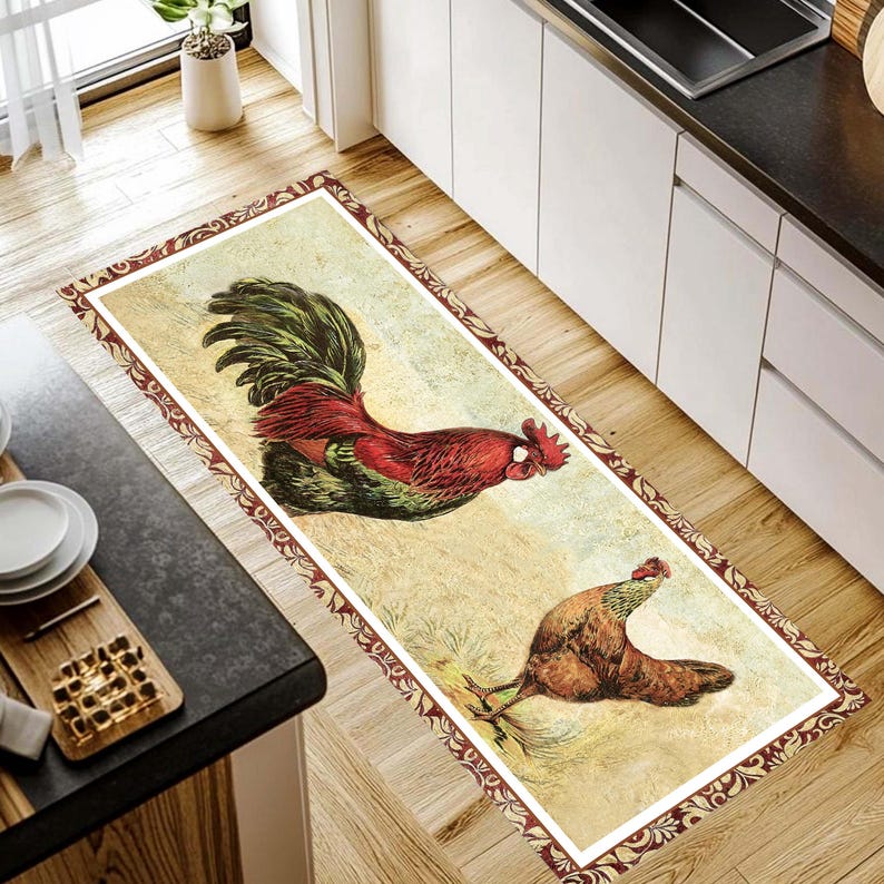 Vintage Rooster Runner Rug: Farmhouse Chicken Kitchen Carpet, Non-Slip Machine-Washable