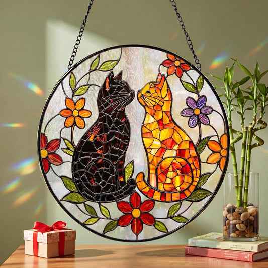 Couple Cats Stained Glass Suncatcher, Black & Orange Cat Window Hanging, Floral Cat Ornament, Cat Lover Gift, Home Decor