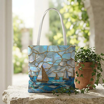 Mothers Day Beach Tote Bag Coastal Nautical Tote Blue Gold Sailboat Bag Ocean Beach Bag Gift for Mom Summer Vacation Bag