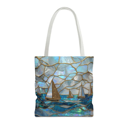 Mothers Day Beach Tote Bag Coastal Nautical Tote Blue Gold Sailboat Bag Ocean Beach Bag Gift for Mom Summer Vacation Bag