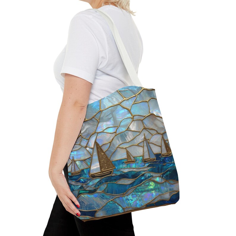 Mothers Day Beach Tote Bag Coastal Nautical Tote Blue Gold Sailboat Bag Ocean Beach Bag Gift for Mom Summer Vacation Bag