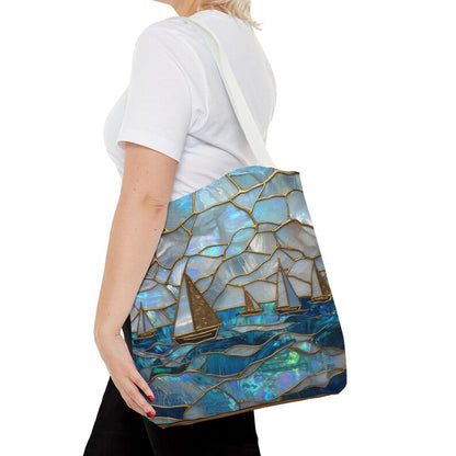 Mothers Day Beach Tote Bag Coastal Nautical Tote Blue Gold Sailboat Bag Ocean Beach Bag Gift for Mom Summer Vacation Bag