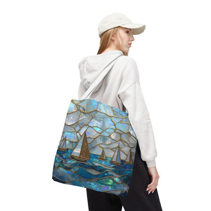Mothers Day Beach Tote Bag Coastal Nautical Tote Blue Gold Sailboat Bag Ocean Beach Bag Gift for Mom Summer Vacation Bag