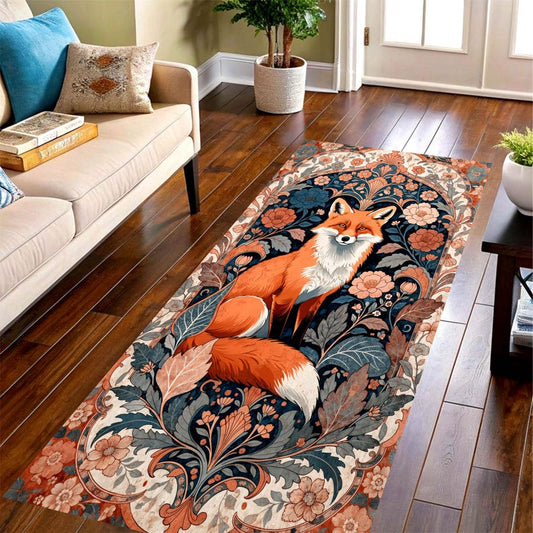 Art Nouveau Fox Runner Rug: Woodland Hallway Carpet, Non-Slip Machine-Washable