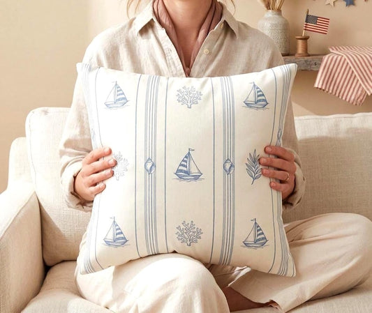 Coastal Sailboat Pillow Cover for Beach House Guest Room, Blue White Nautical Throw Pillowcase, Airbnb Home Decor Ocean Theme Cushion Case