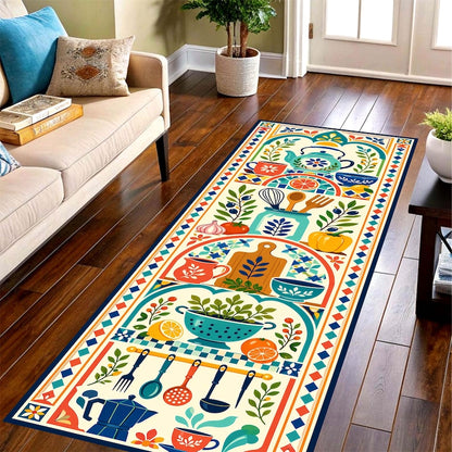 Mediterranean Kitchen Runner Rug: Folk Art Cooking Carpet, Non-Slip Machine-Washable