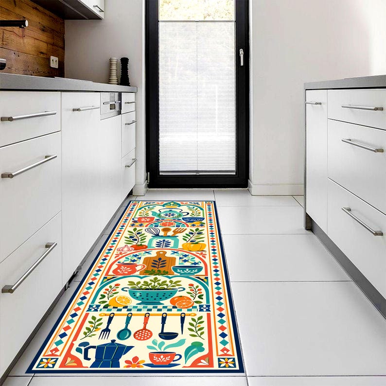 Mediterranean Kitchen Runner Rug: Folk Art Cooking Carpet, Non-Slip Machine-Washable
