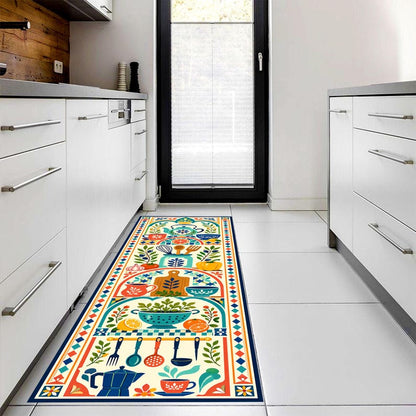 Mediterranean Kitchen Runner Rug: Folk Art Cooking Carpet, Non-Slip Machine-Washable