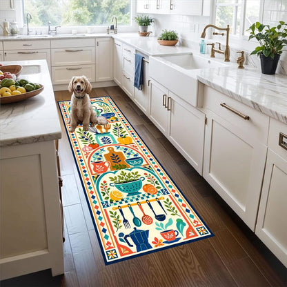 Mediterranean Kitchen Runner Rug: Folk Art Cooking Carpet, Non-Slip Machine-Washable
