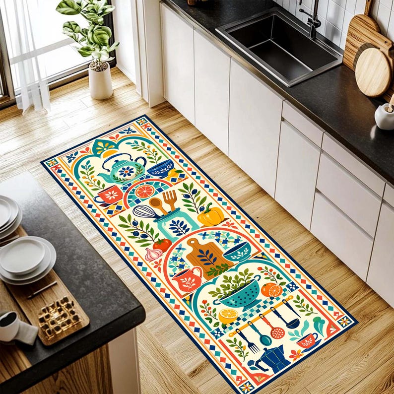 Mediterranean Kitchen Runner Rug: Folk Art Cooking Carpet, Non-Slip Machine-Washable