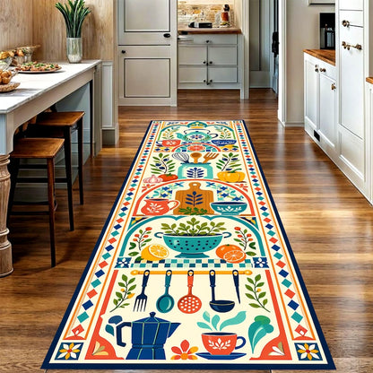 Mediterranean Kitchen Runner Rug: Folk Art Cooking Carpet, Non-Slip Machine-Washable