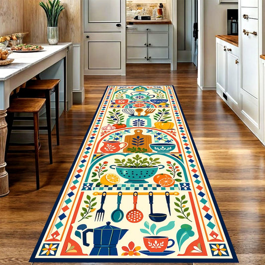 Mediterranean Kitchen Runner Rug: Folk Art Cooking Carpet, Non-Slip Machine-Washable