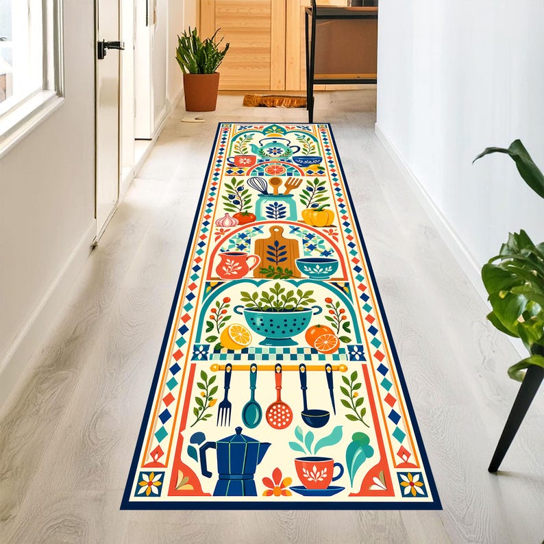 Mediterranean Kitchen Runner Rug: Folk Art Cooking Carpet, Non-Slip Machine-Washable