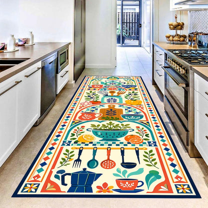 Mediterranean Kitchen Runner Rug: Folk Art Cooking Carpet, Non-Slip Machine-Washable
