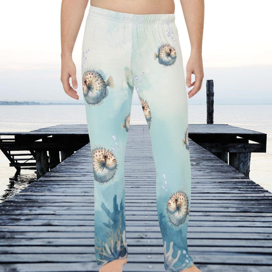 Mens Puffer Fish Pajama Pants Coastal Loungewear Beach Gift for Him Funny Ocean Pajamas Summer Sleep Pants Nautical Loungewear Gift