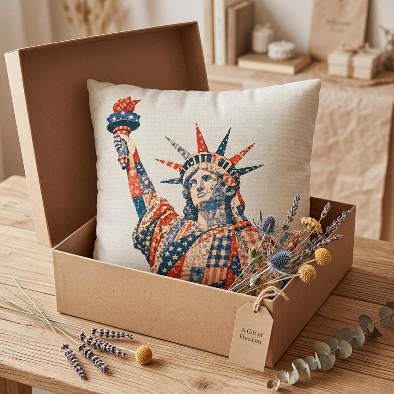 Patriotic Faux Patchwork Pillow Cover, Statue of Liberty USA Decor, New York Americana Throw Pillowcase, Red White Blue Rustic Cushion Case