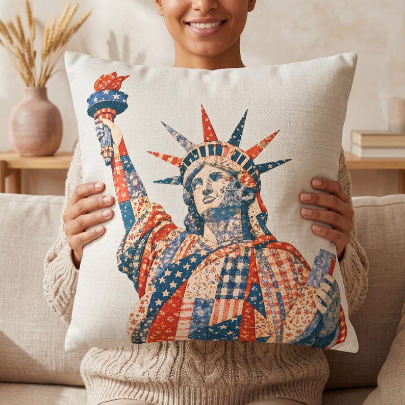 Patriotic Faux Patchwork Pillow Cover, Statue of Liberty USA Decor, New York Americana Throw Pillowcase, Red White Blue Rustic Cushion Case
