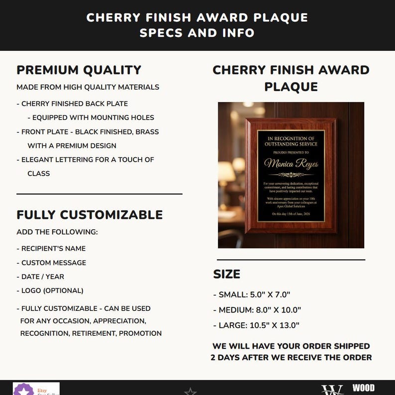 Personalized Cherry Finish Award Plaque, Custom Employee Recognition, Retirement, or Appreciation Gift, Elegant Custom Wall Plaque