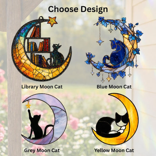 Blue Moon Cat Acrylic Suncatcher, Mystical Window Hanging Ornament, Celestial Moonlight Theme, Birthday & Anniversary Gifts for Cat Lovers