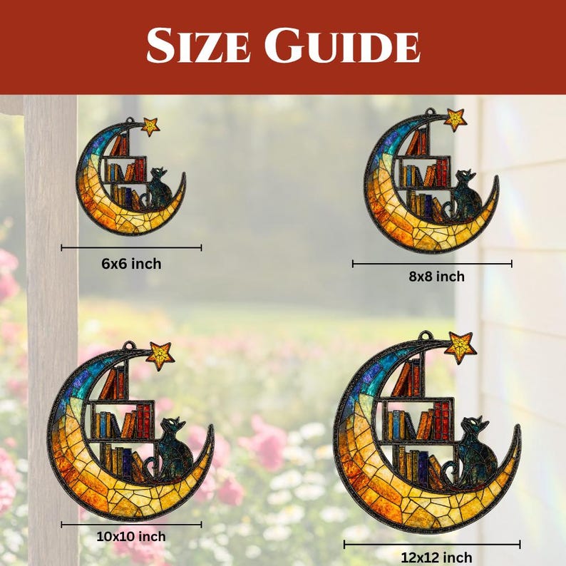 Moon Cat Library Suncatcher, Book Lover Window Decor