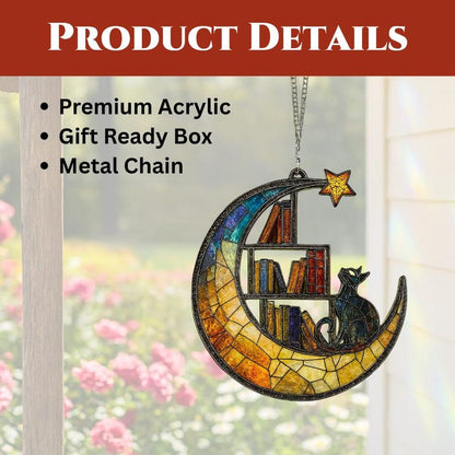 Moon Cat Library Suncatcher, Book Lover Window Decor