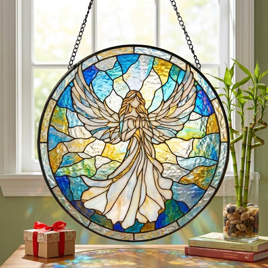 Handcrafted Praying Angel Stained Glass Suncatcher, Winged Angel Window Hanging, Religious Gift, Birthday Present, Boho Prism Decor