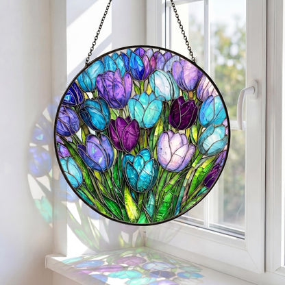 Stained Glass Heart Tulip Suncatcher, Colorful Spring Floral Window Hanging, Tulip Heart Decor, Mother’s Day Gift, Vibrant Garden Glass Art
