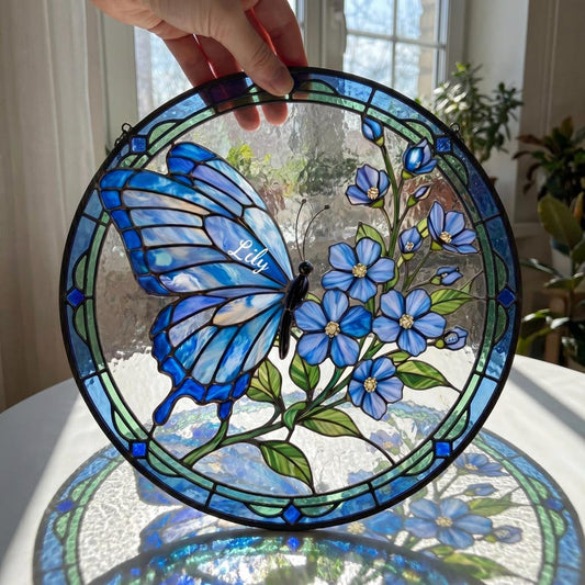 Custom Blue Butterfly Memorial Suncatcher, Custom Name Glass Window Hanging, Forget Me Not Floral Sympathy Gift, Botanical Stained Glass