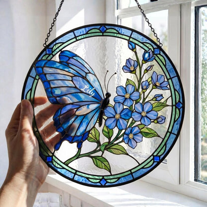 Custom Blue Butterfly Memorial Suncatcher, Custom Name Glass Window Hanging, Forget Me Not Floral Sympathy Gift, Botanical Stained Glass