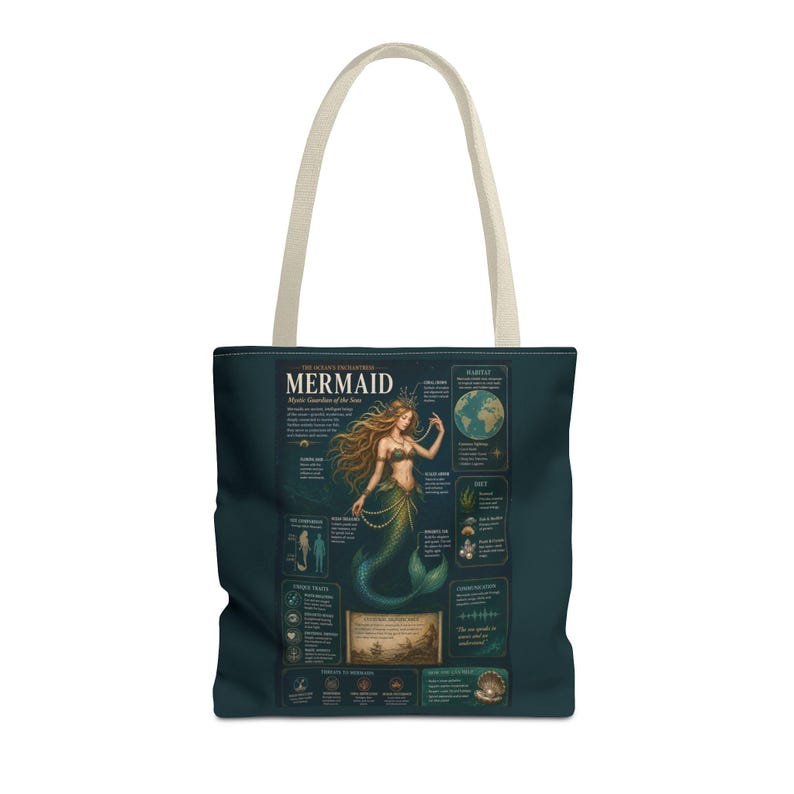 Mermaid Tote Bag Ocean Aesthetic, Sea Life Infographic Tote, Beach Bag Coastal Gift, Mermaid Lover Gift, Nautical Tote Bag