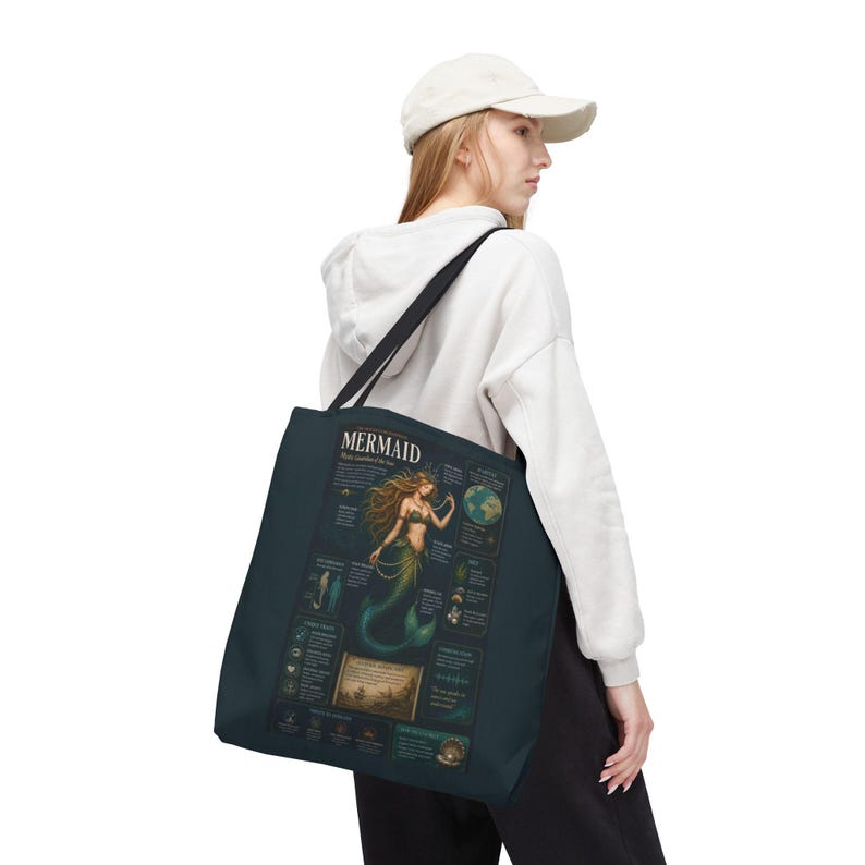Mermaid Tote Bag Ocean Aesthetic, Sea Life Infographic Tote, Beach Bag Coastal Gift, Mermaid Lover Gift, Nautical Tote Bag