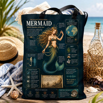 Mermaid Tote Bag Ocean Aesthetic, Sea Life Infographic Tote, Beach Bag Coastal Gift, Mermaid Lover Gift, Nautical Tote Bag