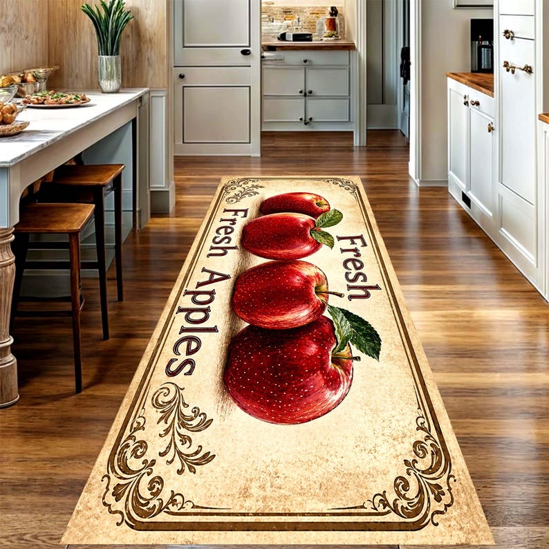 Fresh Apples Kitchen Runner Rug: Vintage Orchard Farmhouse Carpet, Non-Slip Machine-Washable