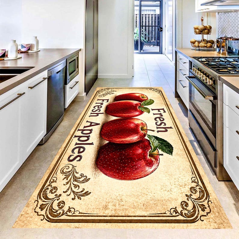 Fresh Apples Kitchen Runner Rug: Vintage Orchard Farmhouse Carpet, Non-Slip Machine-Washable