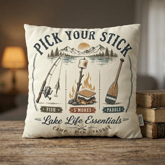 Lake Life Pillow Cover Pick Your Stick, Camping Fishing Paddle Throw Pillow, Cushion Cover, Cabin Lake House Decor, Rustic Lodge Pillow
