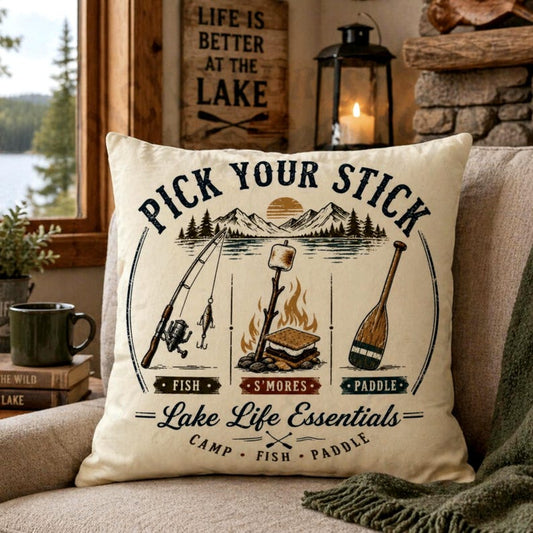 Lake Life Pillow Cover Pick Your Stick, Camping Fishing Paddle Throw Pillow, Cushion Cover, Cabin Lake House Decor, Rustic Lodge Pillow
