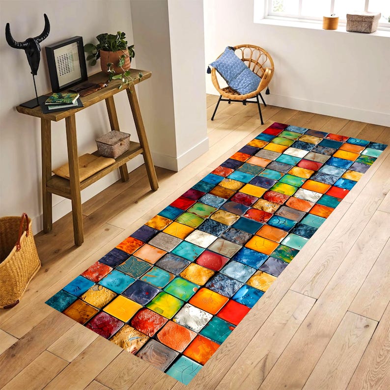 Colorful Mosaic Tile Runner Rug: Glossy Square Pattern Carpet, Machine-Washable Non-Slip