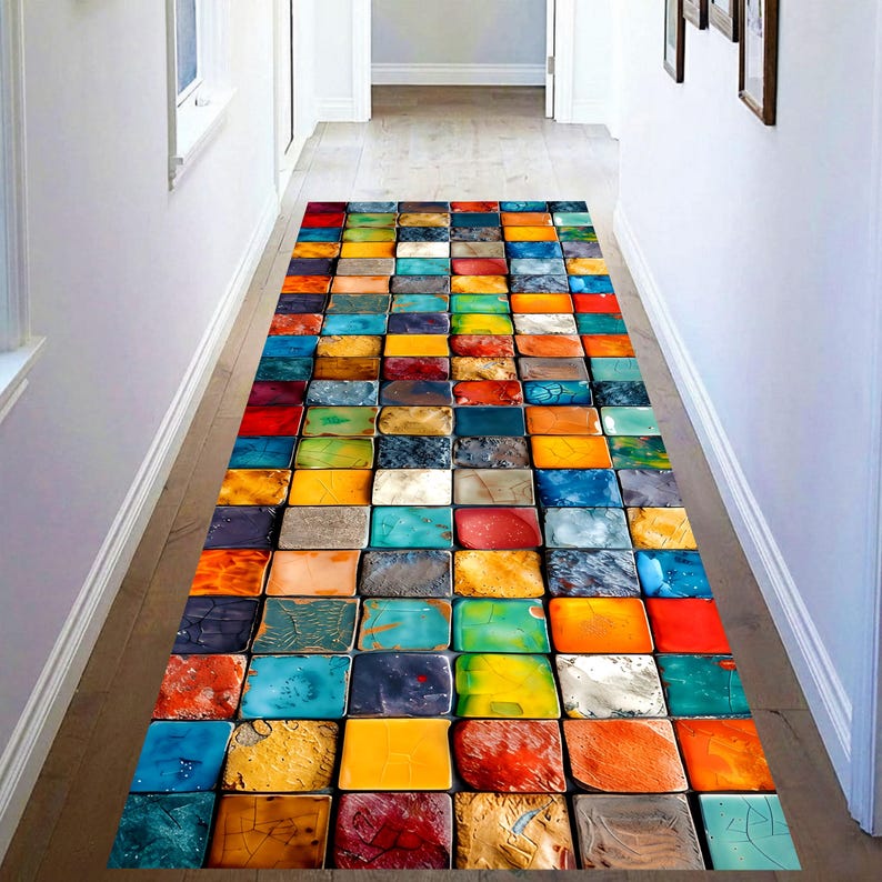 Colorful Mosaic Tile Runner Rug: Glossy Square Pattern Carpet, Machine-Washable Non-Slip