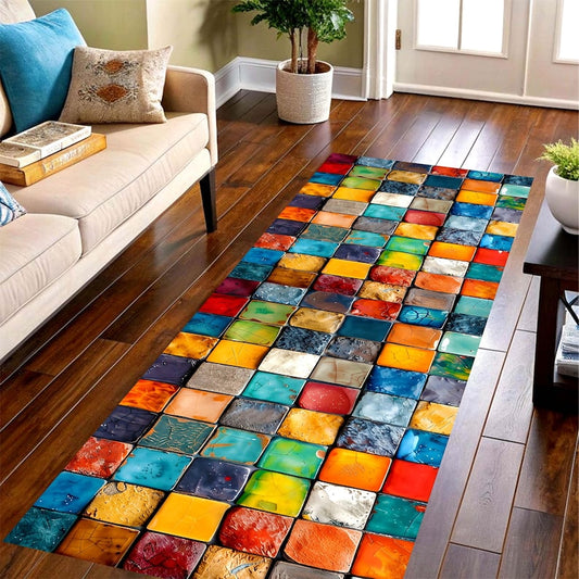 Colorful Mosaic Tile Runner Rug: Glossy Square Pattern Carpet, Machine-Washable Non-Slip