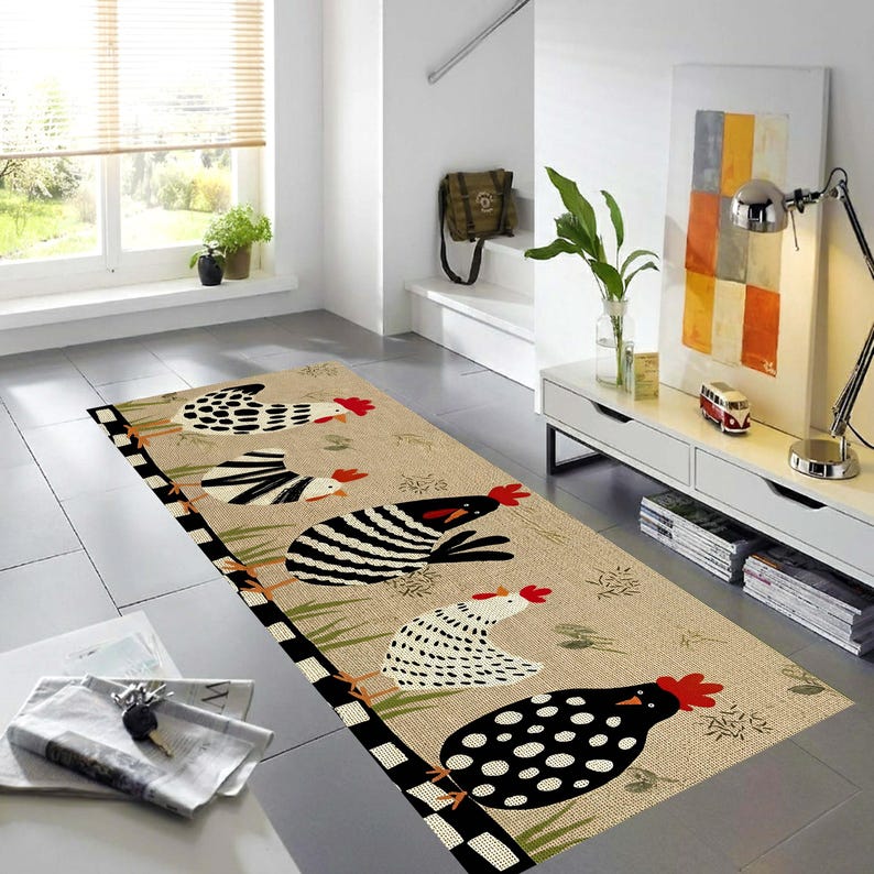 Chicken Printed Runner Rug: Farmhouse Kitchen Hallway Carpet, Non-Slip Machine-Washable