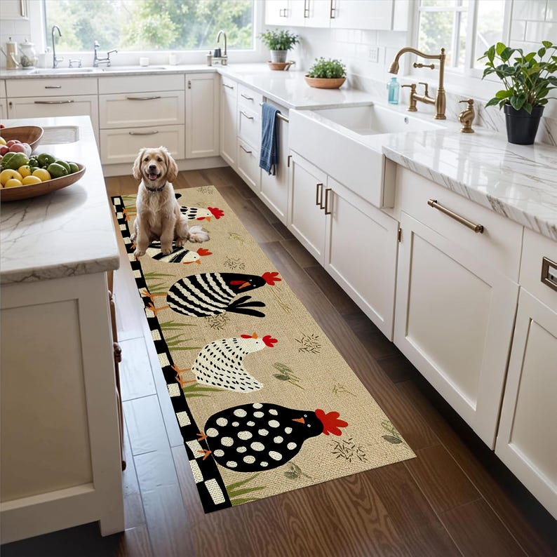 Chicken Printed Runner Rug: Farmhouse Kitchen Hallway Carpet, Non-Slip Machine-Washable