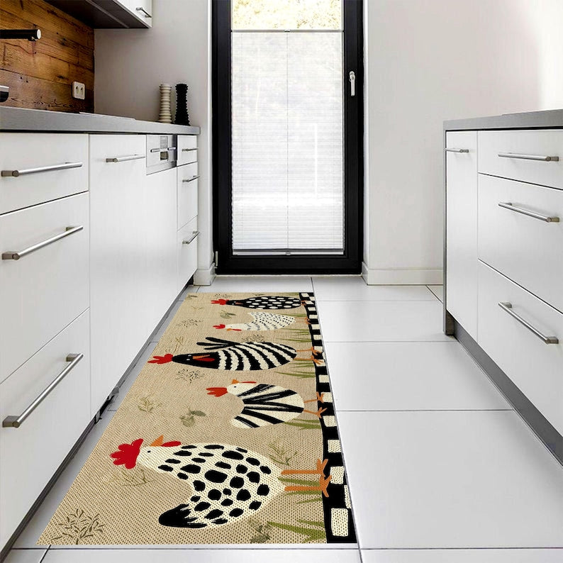 Chicken Printed Runner Rug: Farmhouse Kitchen Hallway Carpet, Non-Slip Machine-Washable
